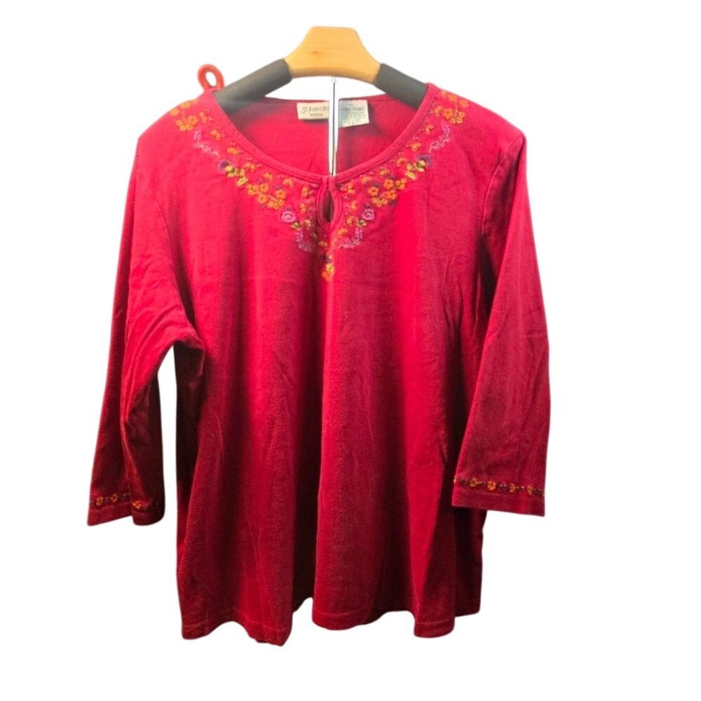 St Johns Bay Woman Red Floral Embroidered 3/4 Sleeve Cotton‎ Top 1X Plus Size
